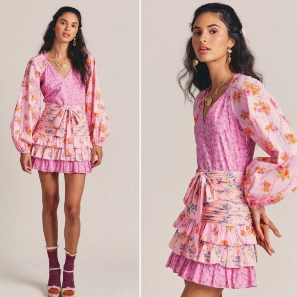 LoveShackFancy Pink Floral Long Sleeve Ruffled Mini Dress